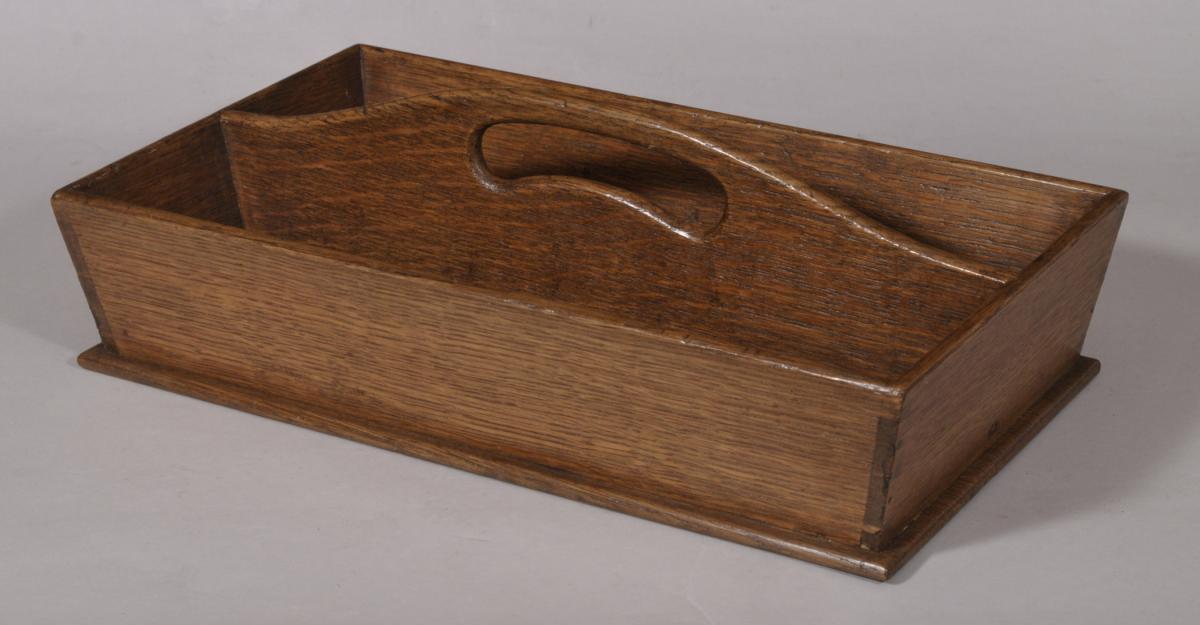 S/5459 Antique Treen Late Victorian Two Division Oak Cutlery Tray