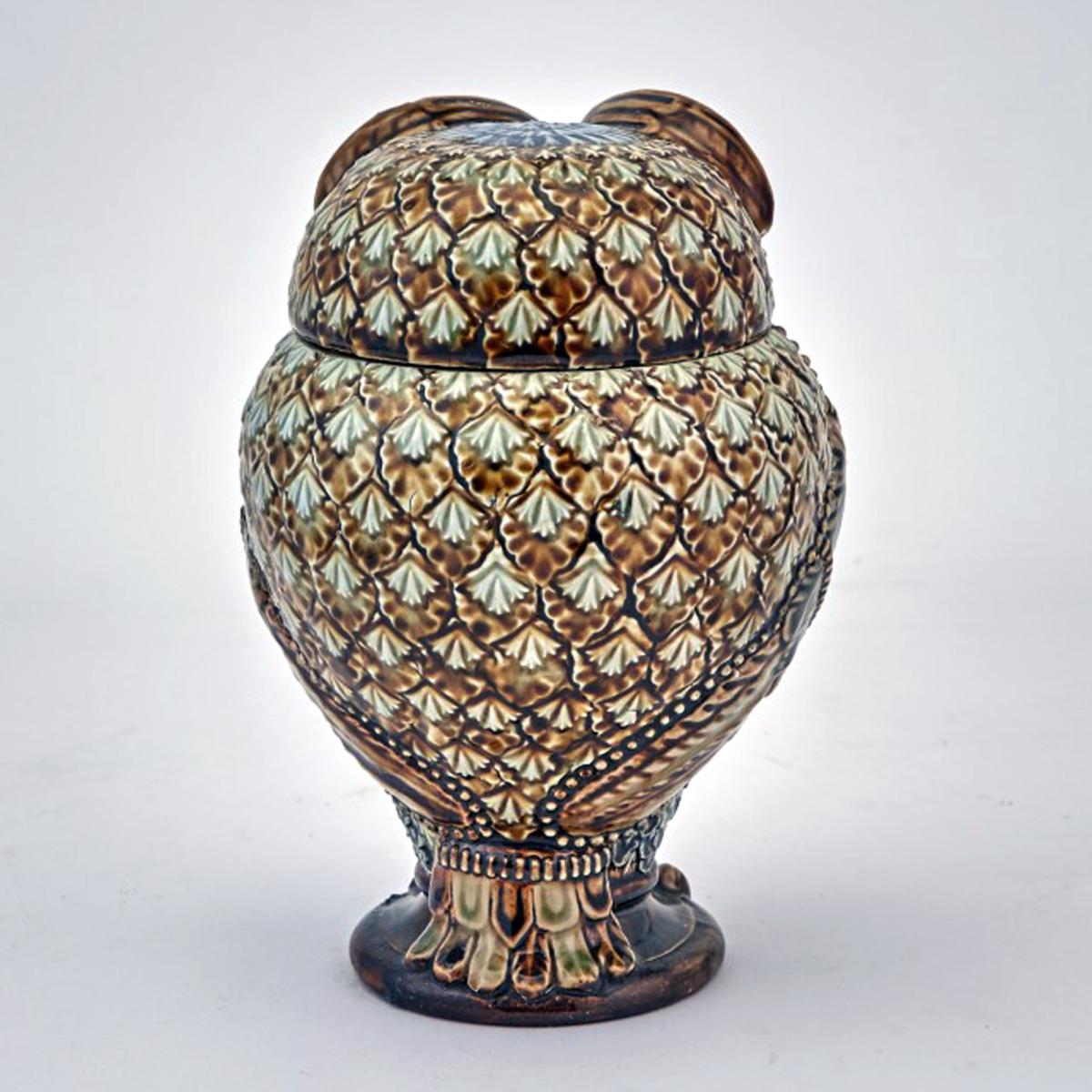 Doulton Stoneware Jar and Cover in form of an Owl, Marked for Mark  V. Marshall, Dated 1883.
