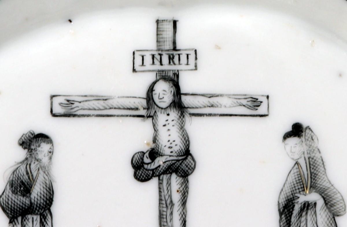 Chinese Export Porcelain En Grisaille Spoon Tray, The Crucifixion, Circa 1745
