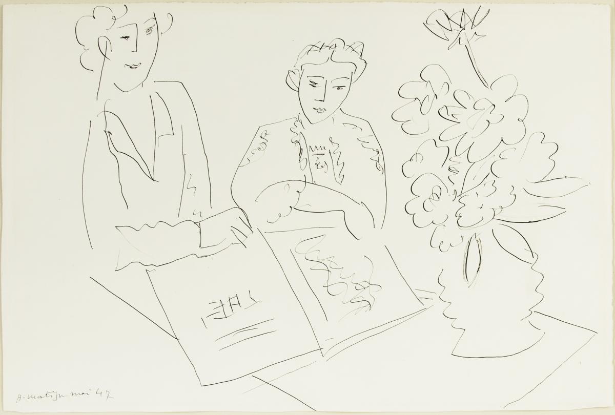 “Jeunes Filles et Fleurs” – A Henri Matisse ink drawing of two women and a vase of flowers