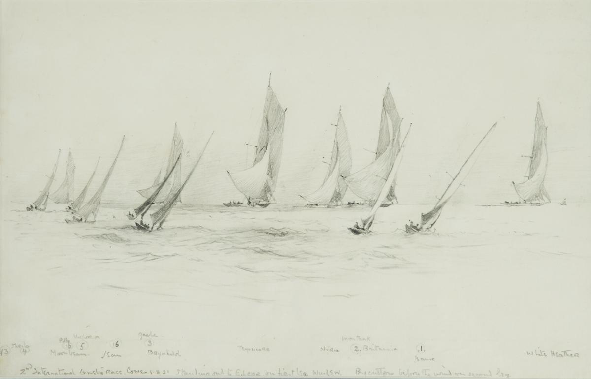 Two Norman Wilkinson drawings of the International Races, Cowes, 1921