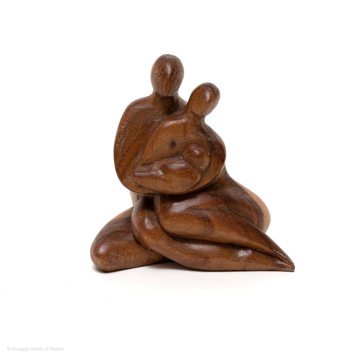 Father, Mother and Child Walnut Sculpture