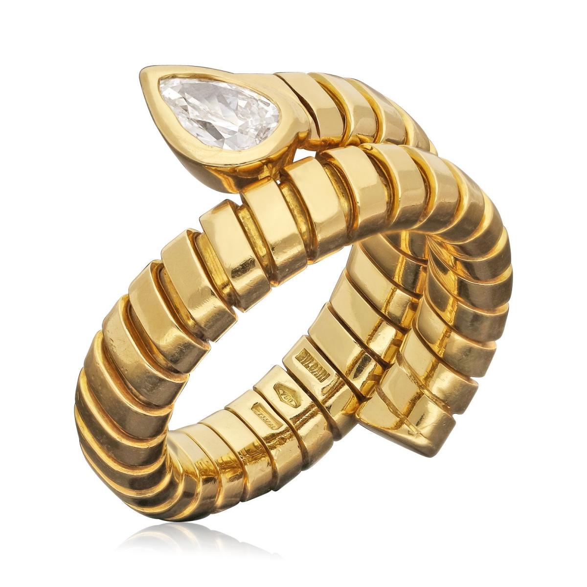 Bulgari Tubogas Serpenti Ring In 18ct Yellow Gold With Pear Shaped Diamond Head