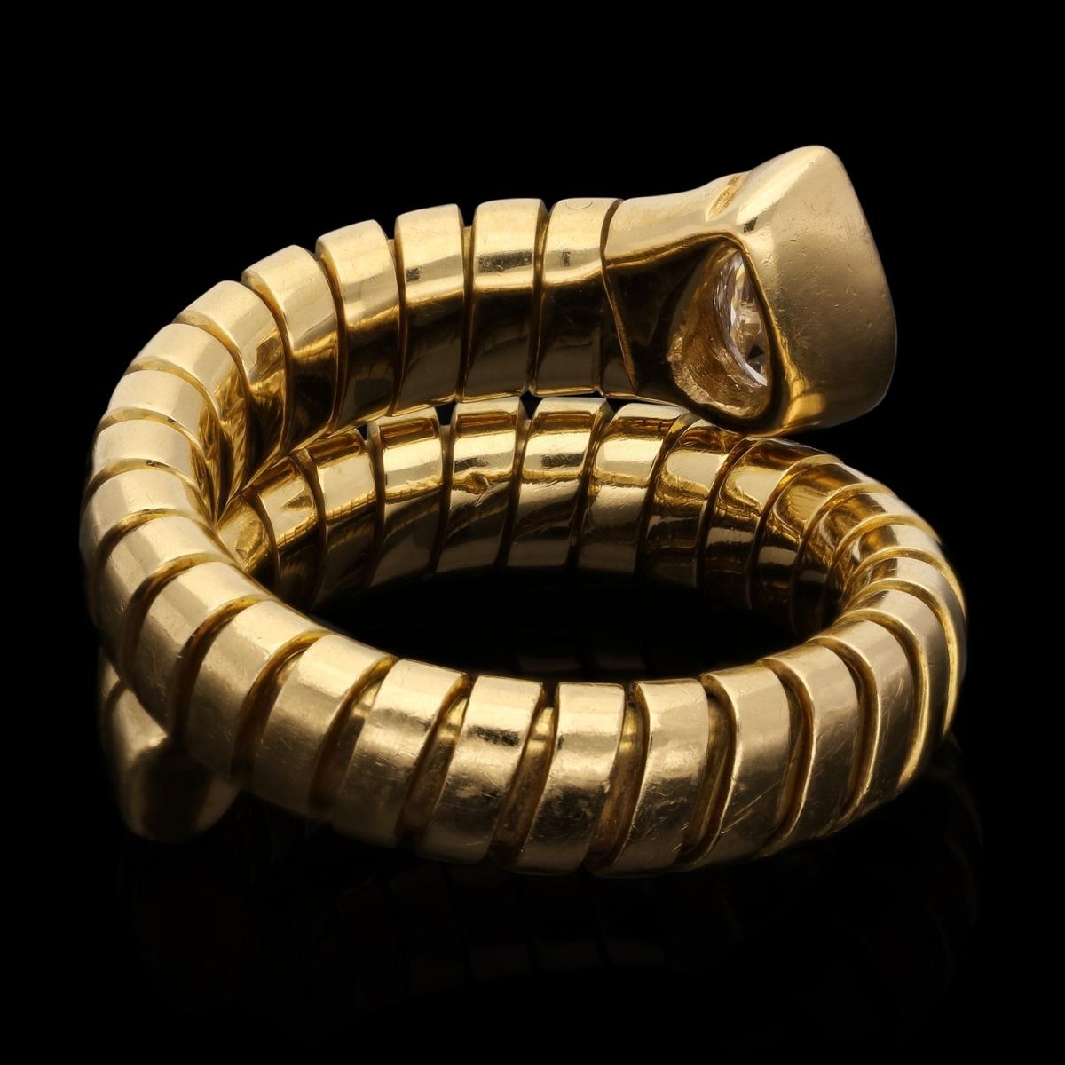 Bulgari Tubogas Serpenti Ring In 18ct Yellow Gold With Pear Shaped Diamond Head