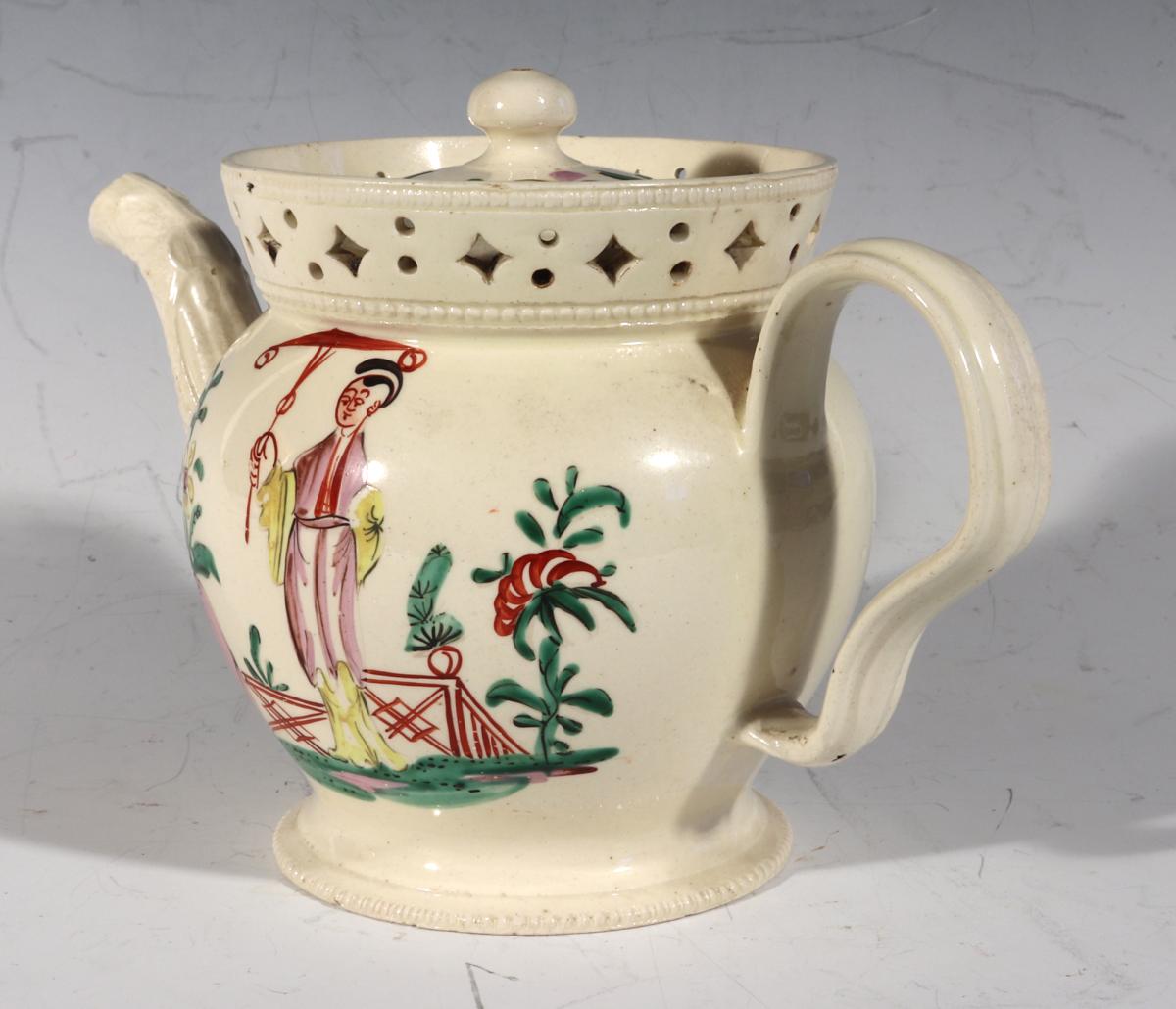 Creamware Chinoiserie Teapot & Cover with Openwork Gallery 
