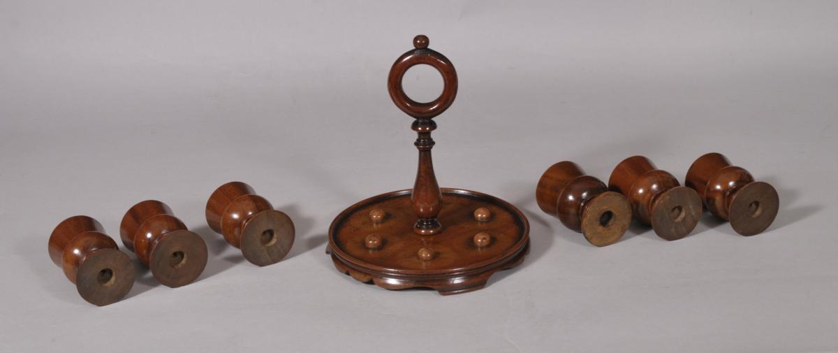 S/5491 Antique Treen 19th Century Set of Six Victorian Mahogany Egg Cups on a Circular Stand