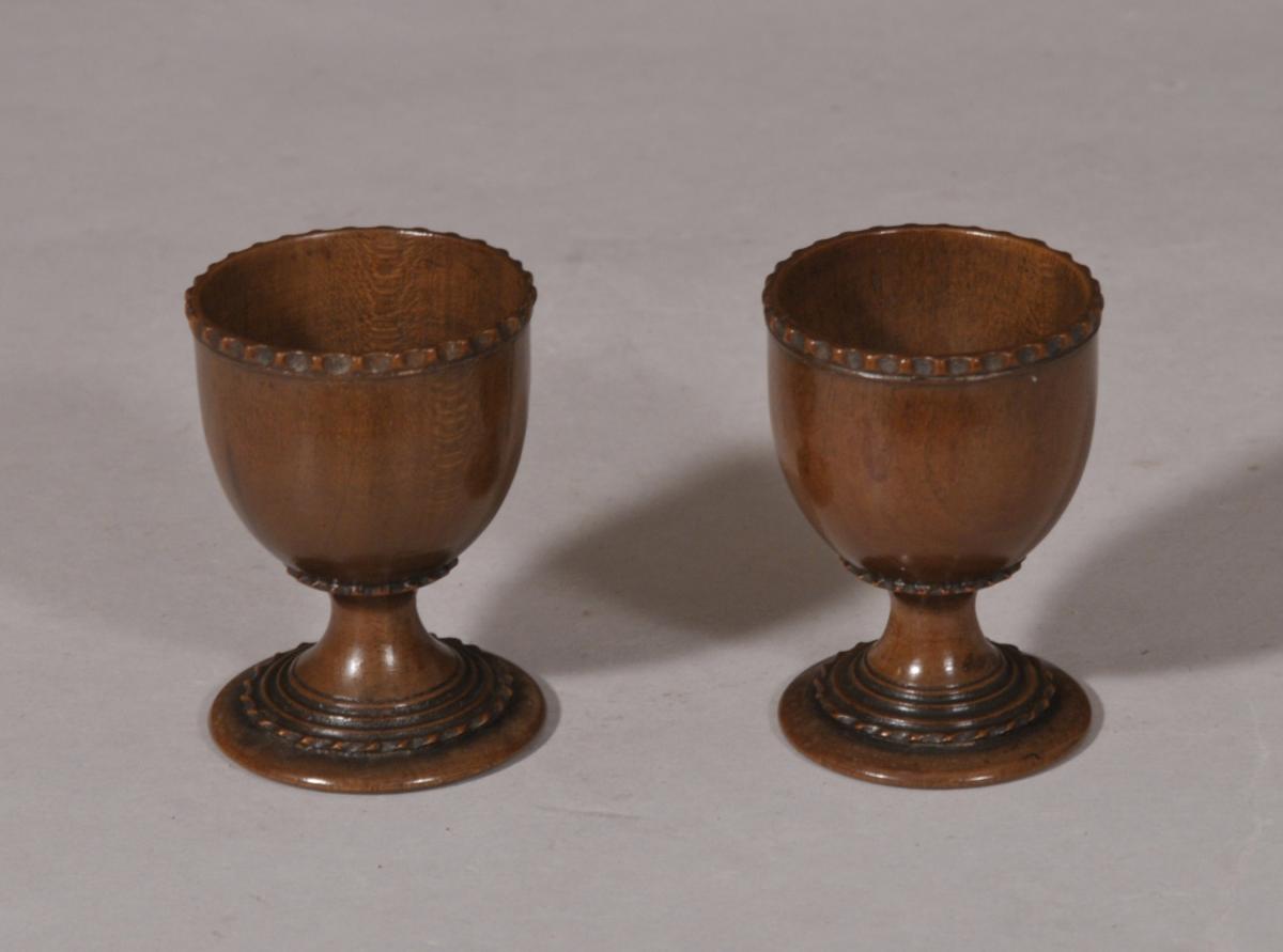 S/5509 Antique Treen 19th Century Pair of Pear Wood Egg Cups