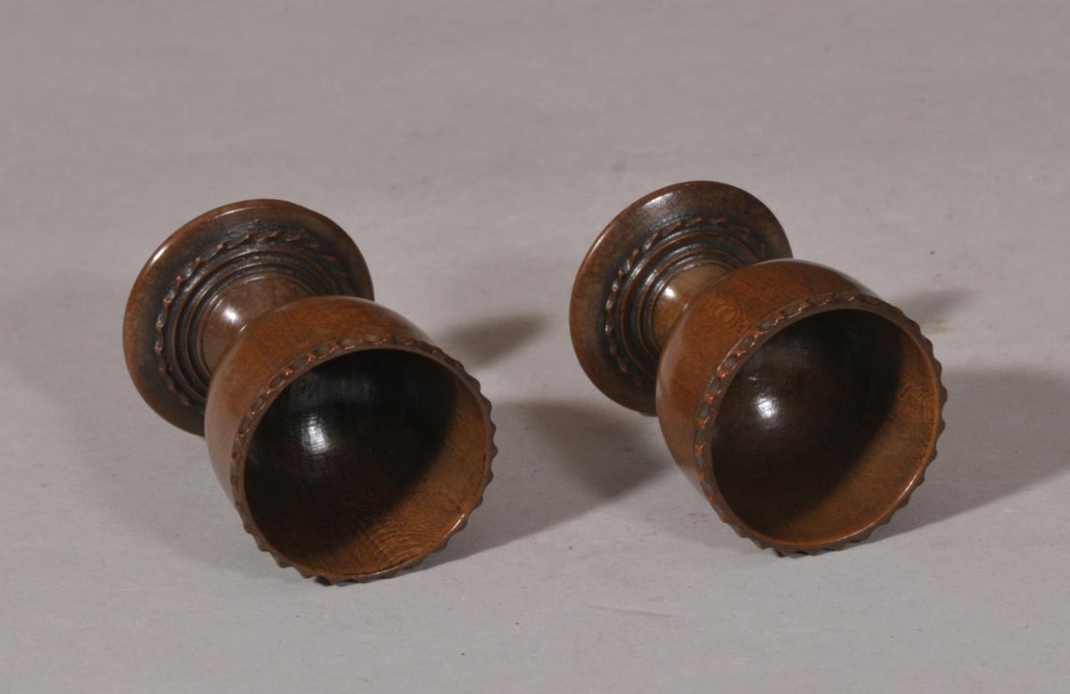 S/5509 Antique Treen 19th Century Pair of Pear Wood Egg Cups