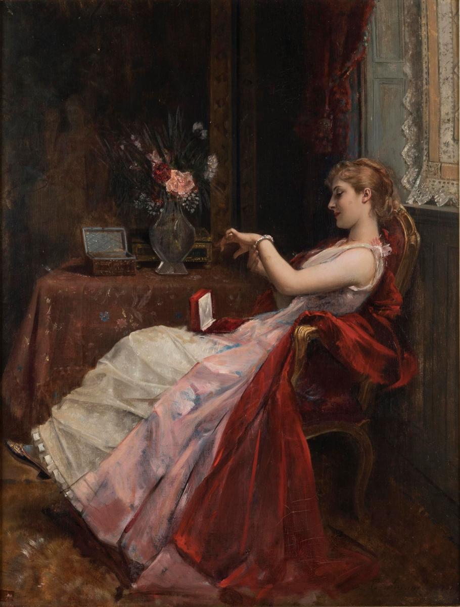 An Elegant Lady Admiring her Present By Auguste Toulmouche