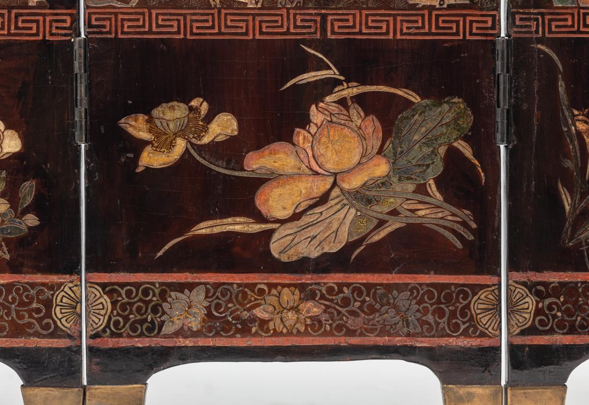 A Twelve-Panelled Kangxi Lacquer Screen with a Dutch Hunting Scene