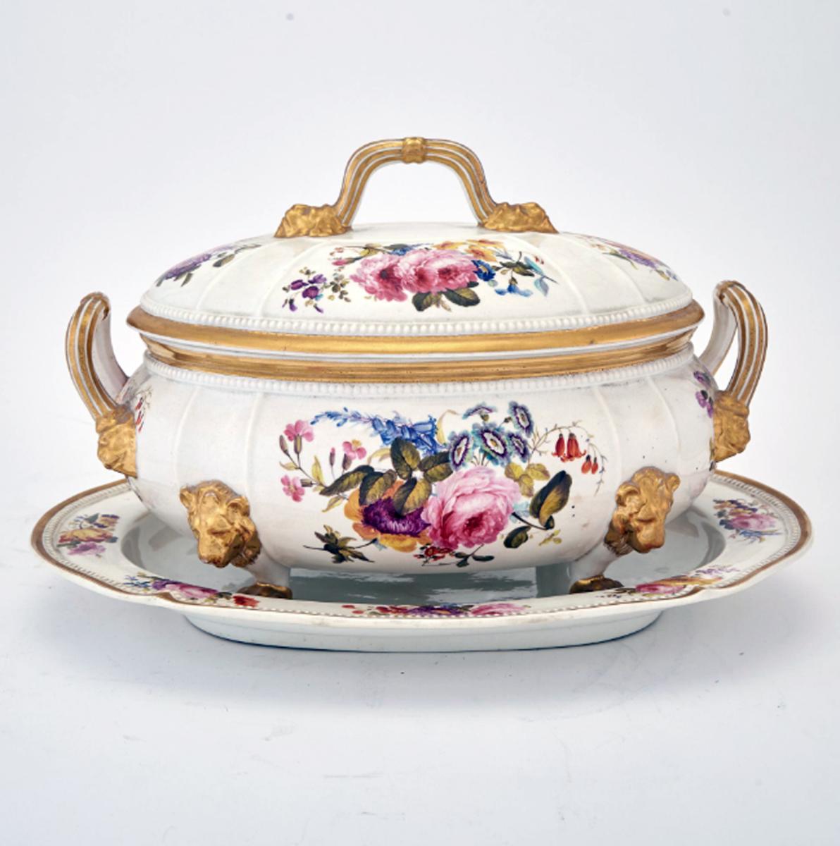 Derby Porcelain Large Botanical Soup Tureen, Cover & Stand, Circa 1815-25