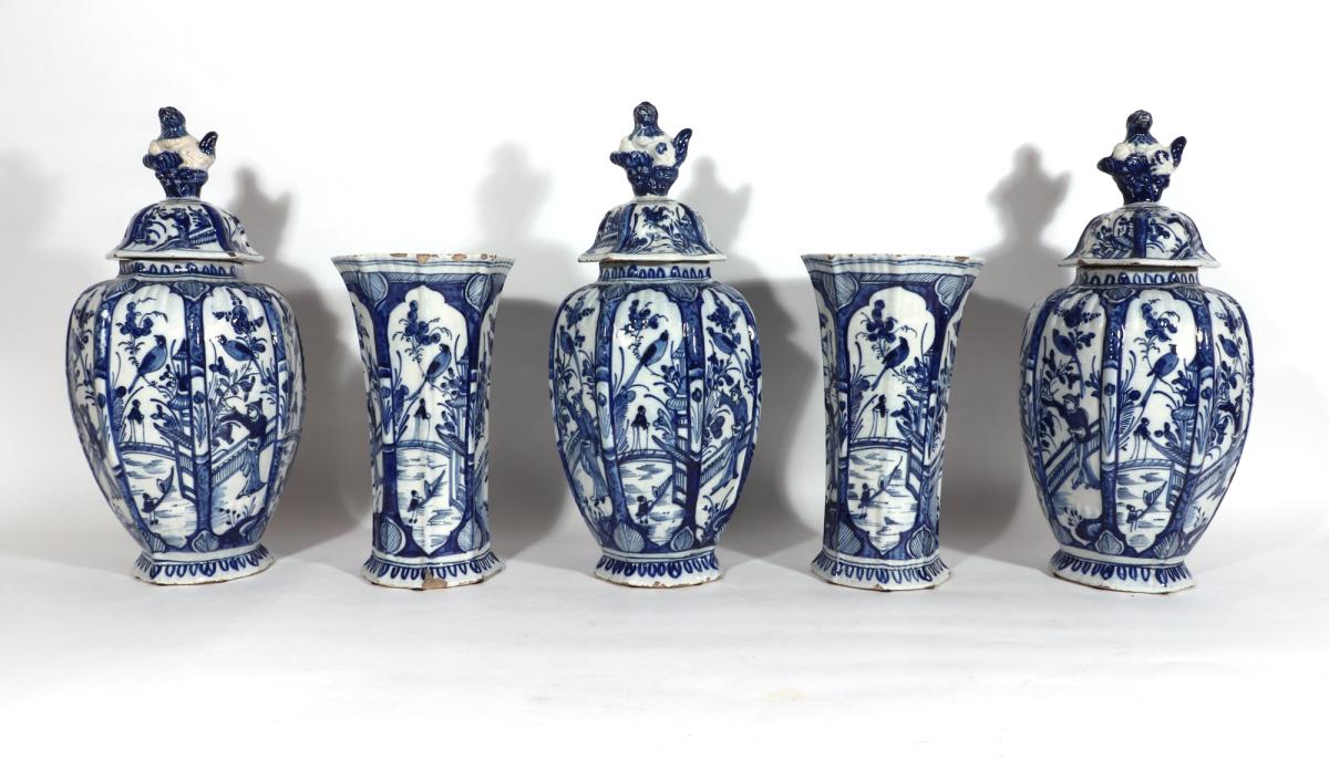 Dutch Delft Blue & White Chinoiserie Garniture of Vases, Circa 1765