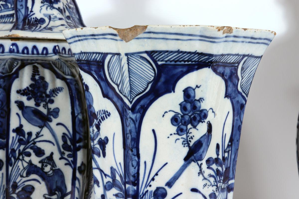 Dutch Delft Blue and White Chinoiserie Garniture of Vases