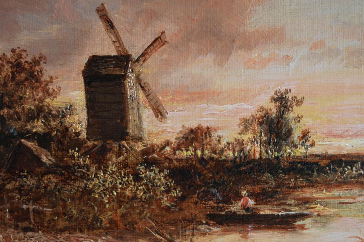 Landscape oil painting of a windmill by a river by a cottage by Joseph Thors