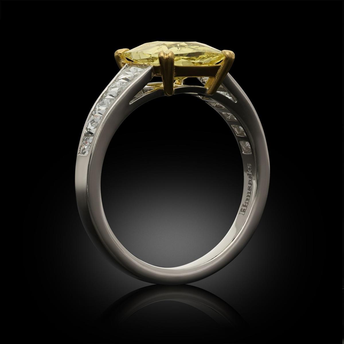 Hancocks 2.56ct Fancy Intense Yellow Old Cushion Cut Diamond Ring With French Cut Shoulders