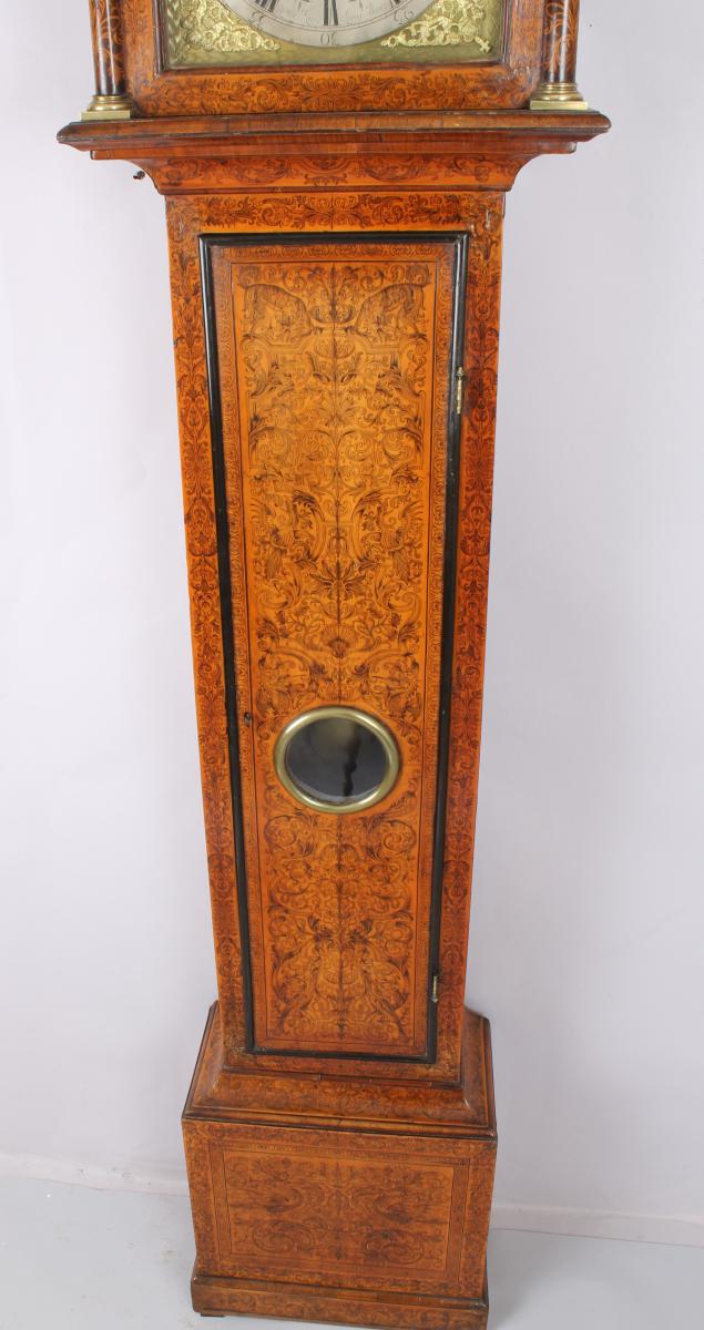 Queen Anne period walnut and seaweed marquetry long-case clock