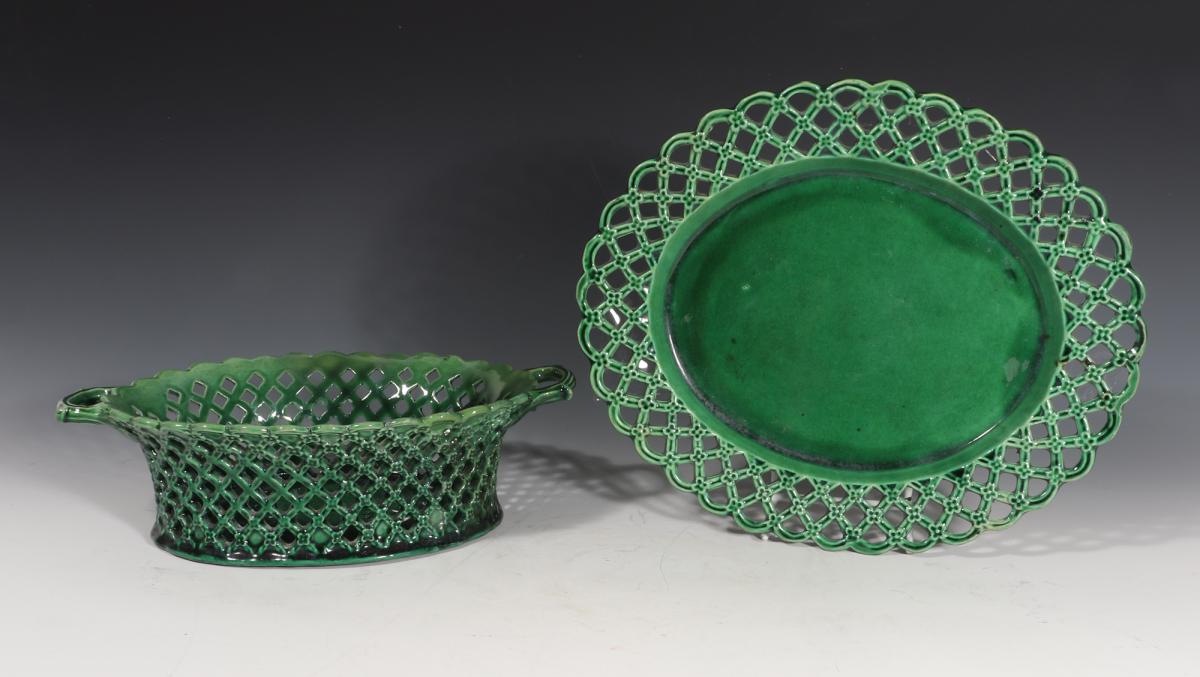 English Pottery Greenware Openwork Basket & Stand, 1790-80