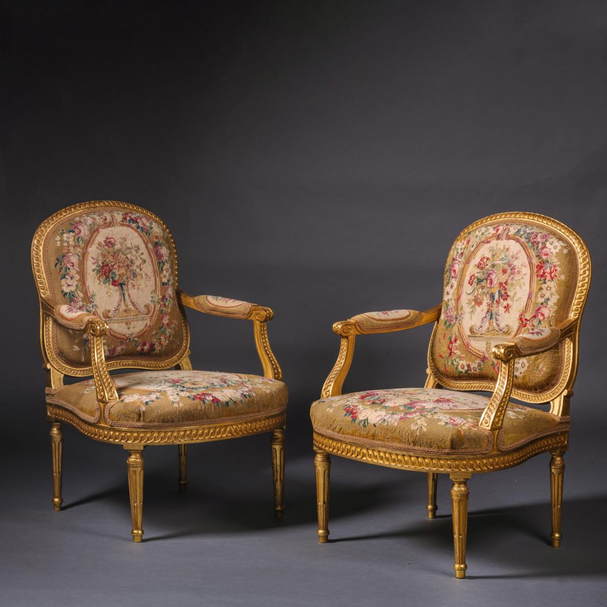 Antique Louis XV Style Giltwood Carved Open Armchairs