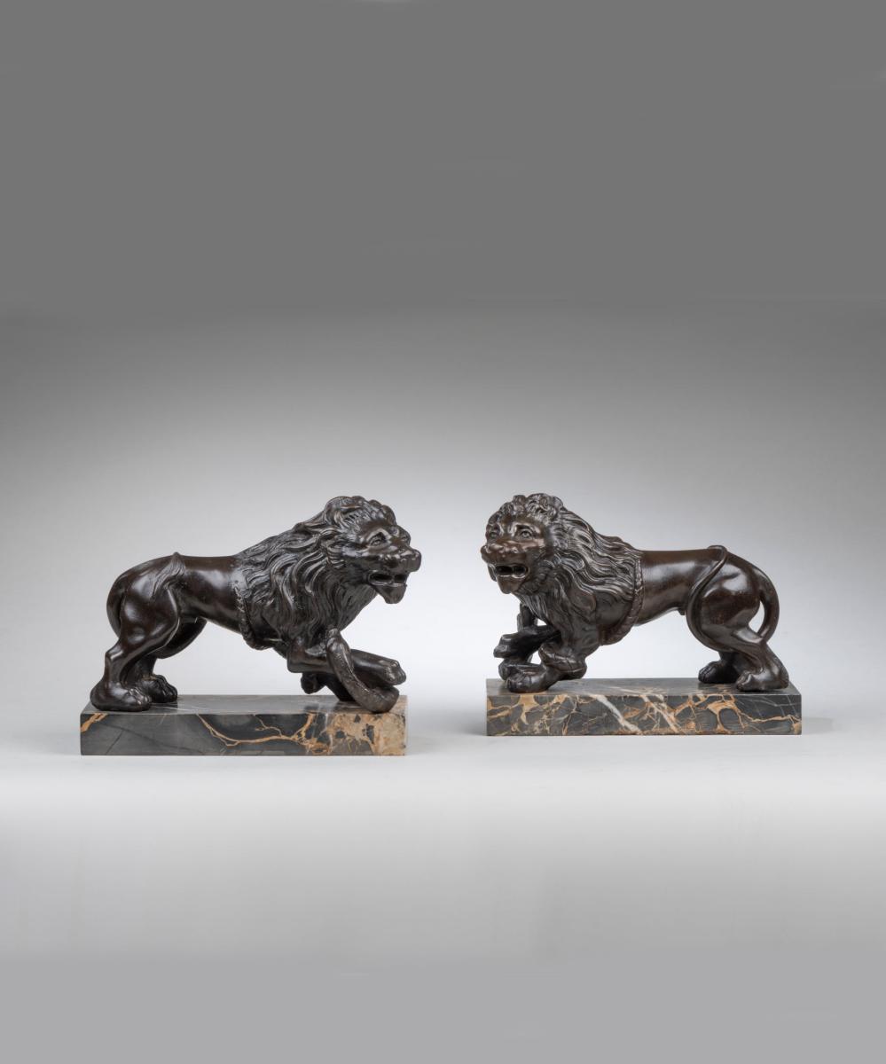 Pair of cast iron lion and serpent sculptures