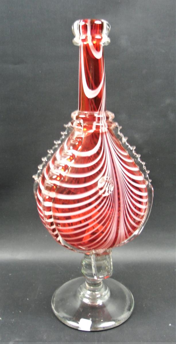 Nailsea glass bellows with red and white cane decoration and the Prince of Wales Feathers, English circa 1840