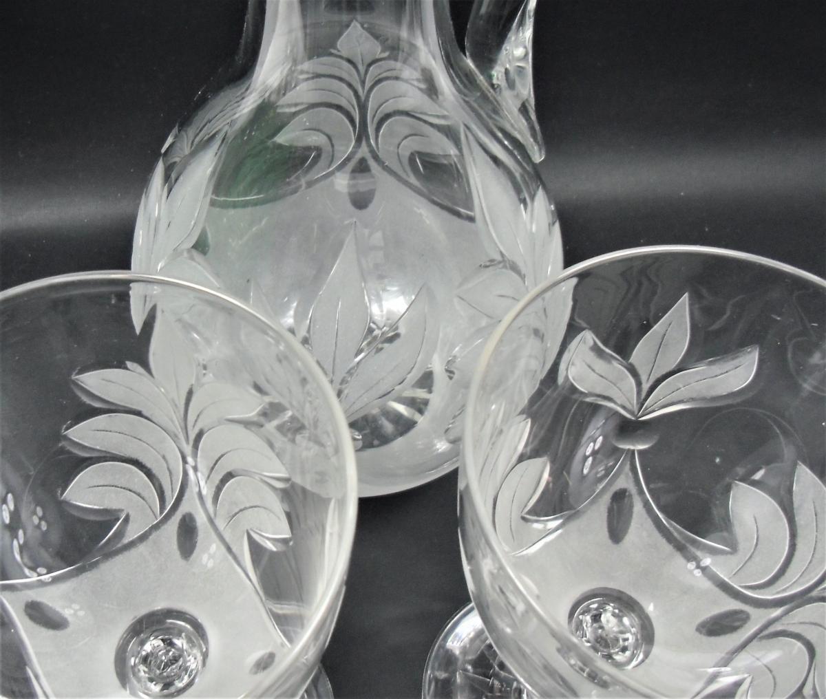 A crystal glass champagne jug and pair of goblets, Richardsons, Birmingham circa 1850