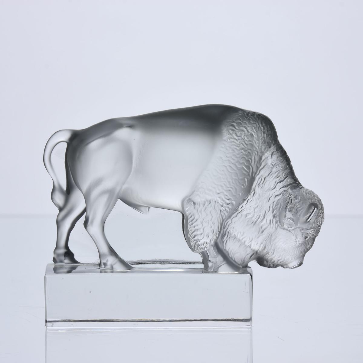 20th Century Clear Glass Sculpture entitled "Bison Paperweight" by Lalique Glass