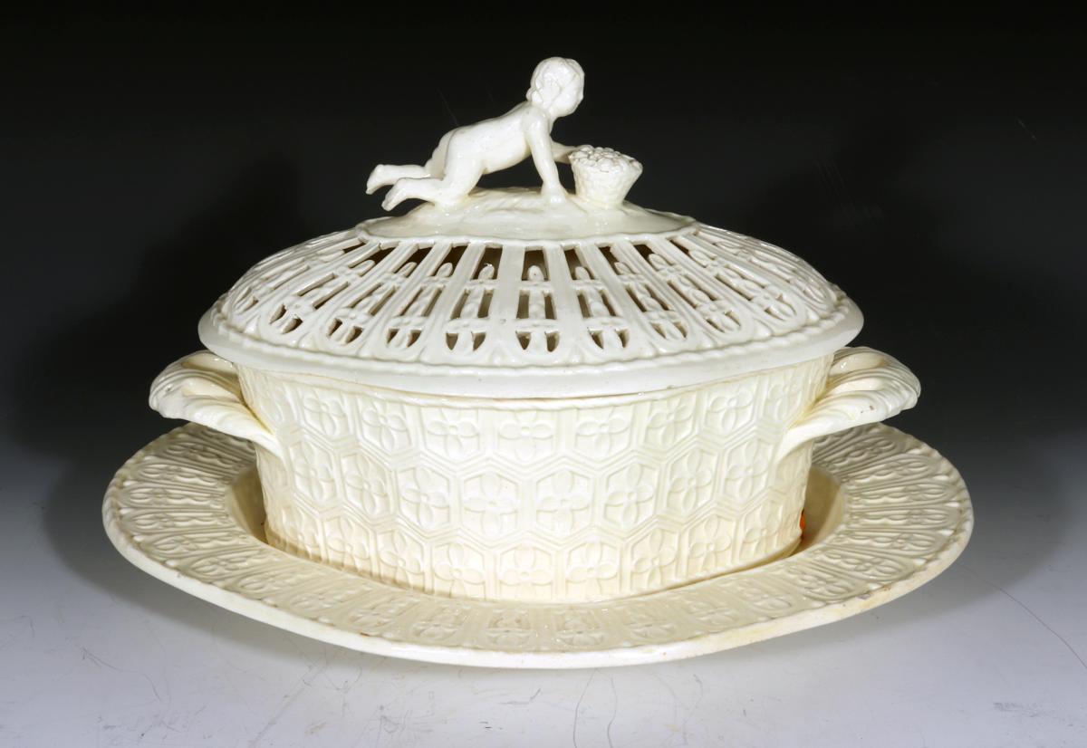John Heath Creamware Chestnut Covered Baskets and Stands with Figural Finial