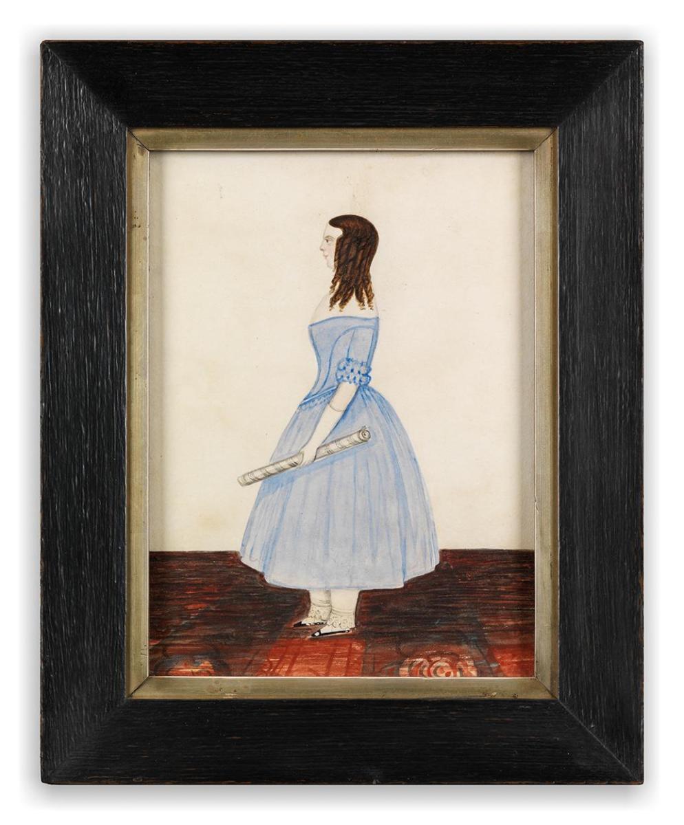 19th Century English Naïve School Miniature Depicting a Young Girl in a Blue Dress  Holding a Scroll of Sheet Music Pen, Ink and Watercolour on Paper
