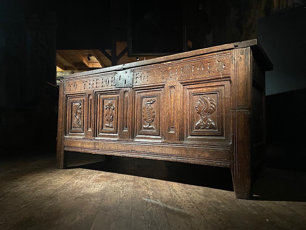 A Rare Henry VIII Oak Inscribed Panelled Chest. English. Circa 1530