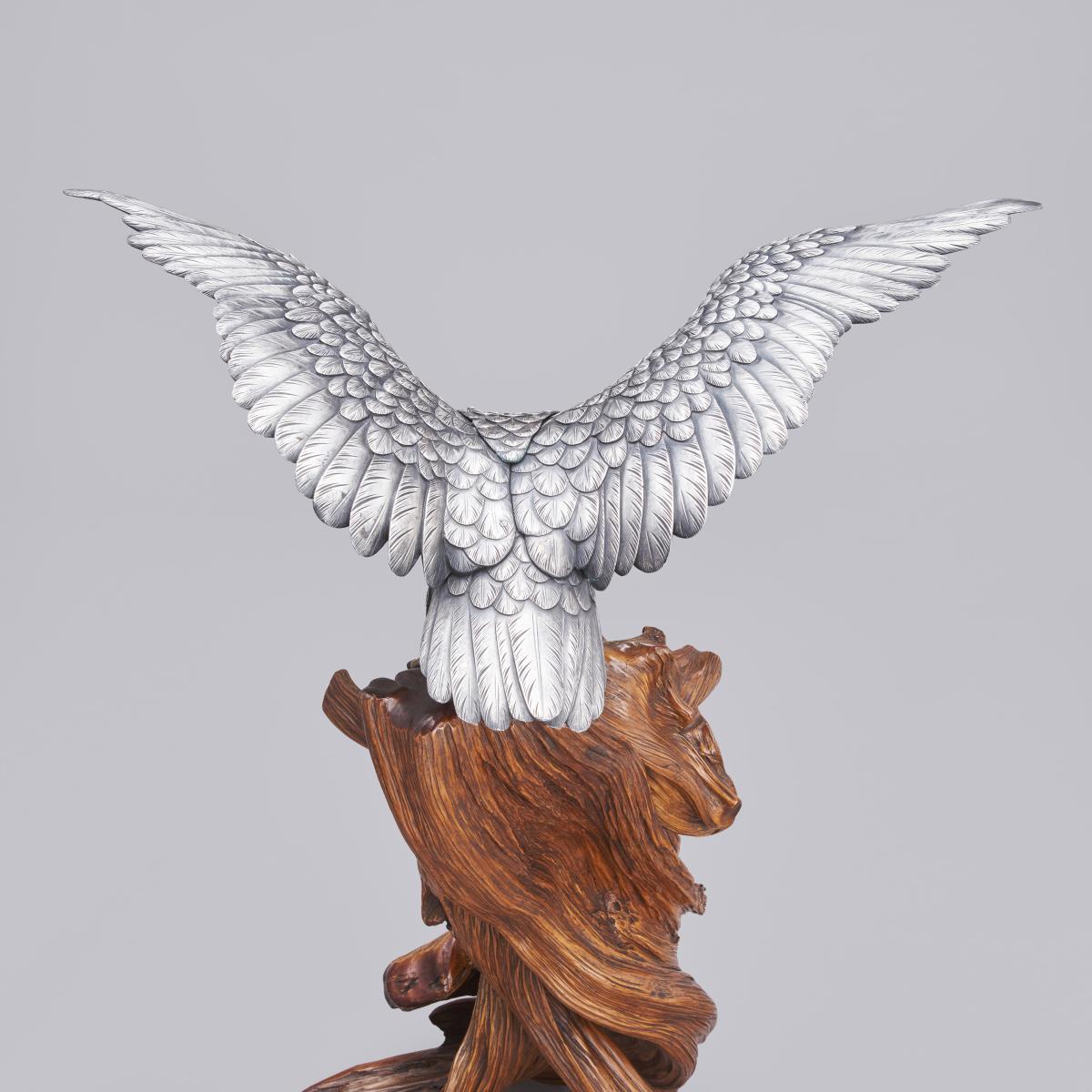 Japanese silvered bronze eagle on rootwood base signed Masatsune chu, Meiji Period