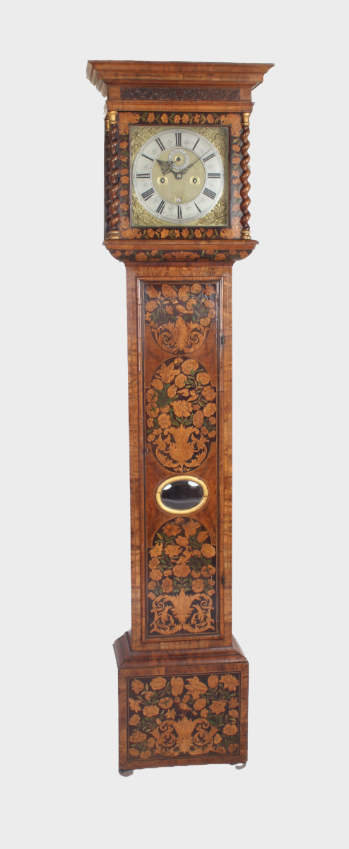 walnut marquetry long-case clock with a bow-fronted glass lenticle