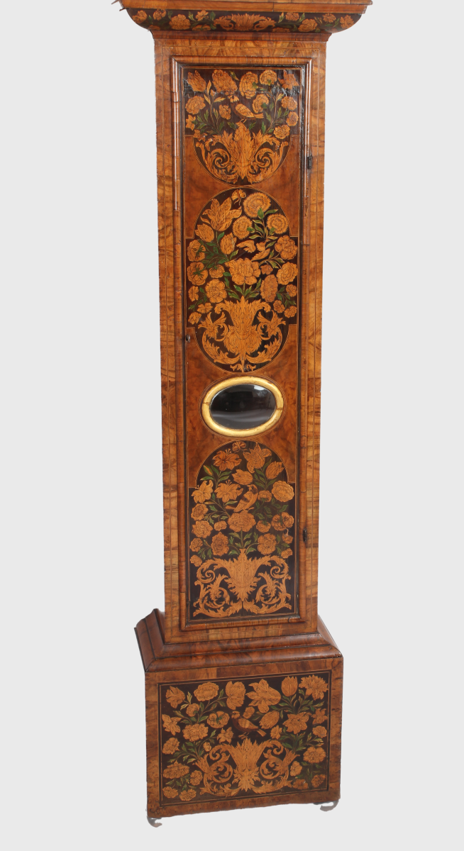 walnut marquetry long-case clock with a bow-fronted glass lenticle