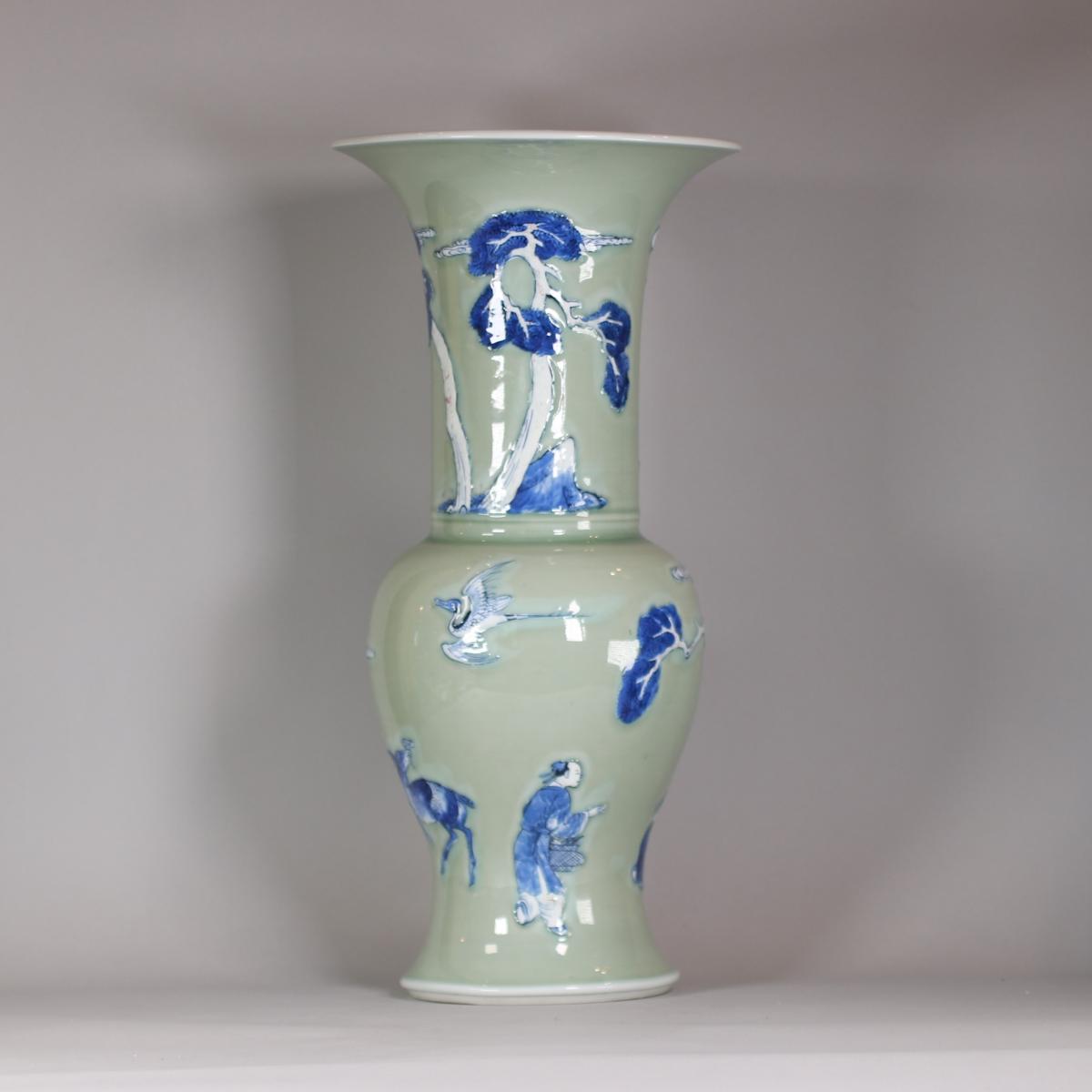 Chinese kangxi blue and white celadon ground vase