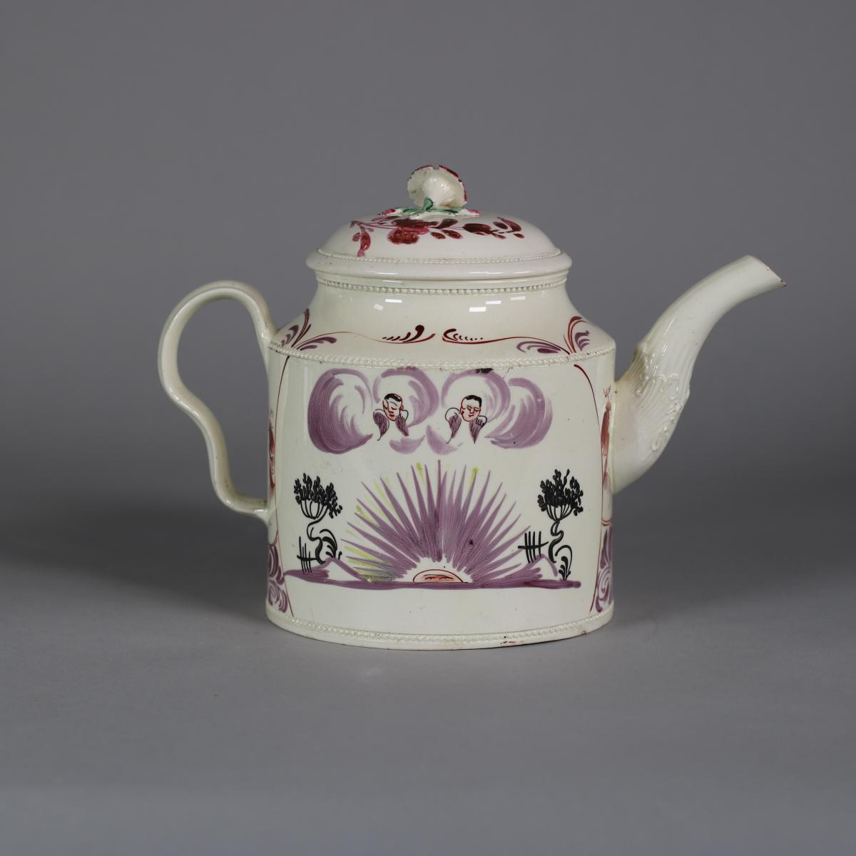 Alternative side of Creamware teapot with sunrise