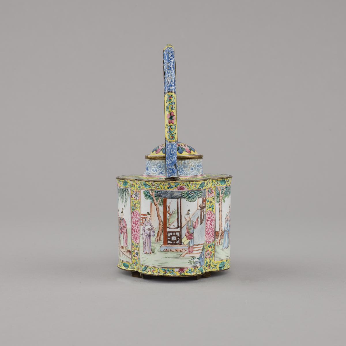 Chinese Canton enamel famille rose lobed teapot with upright handle, Early Qianlong, circa 1740