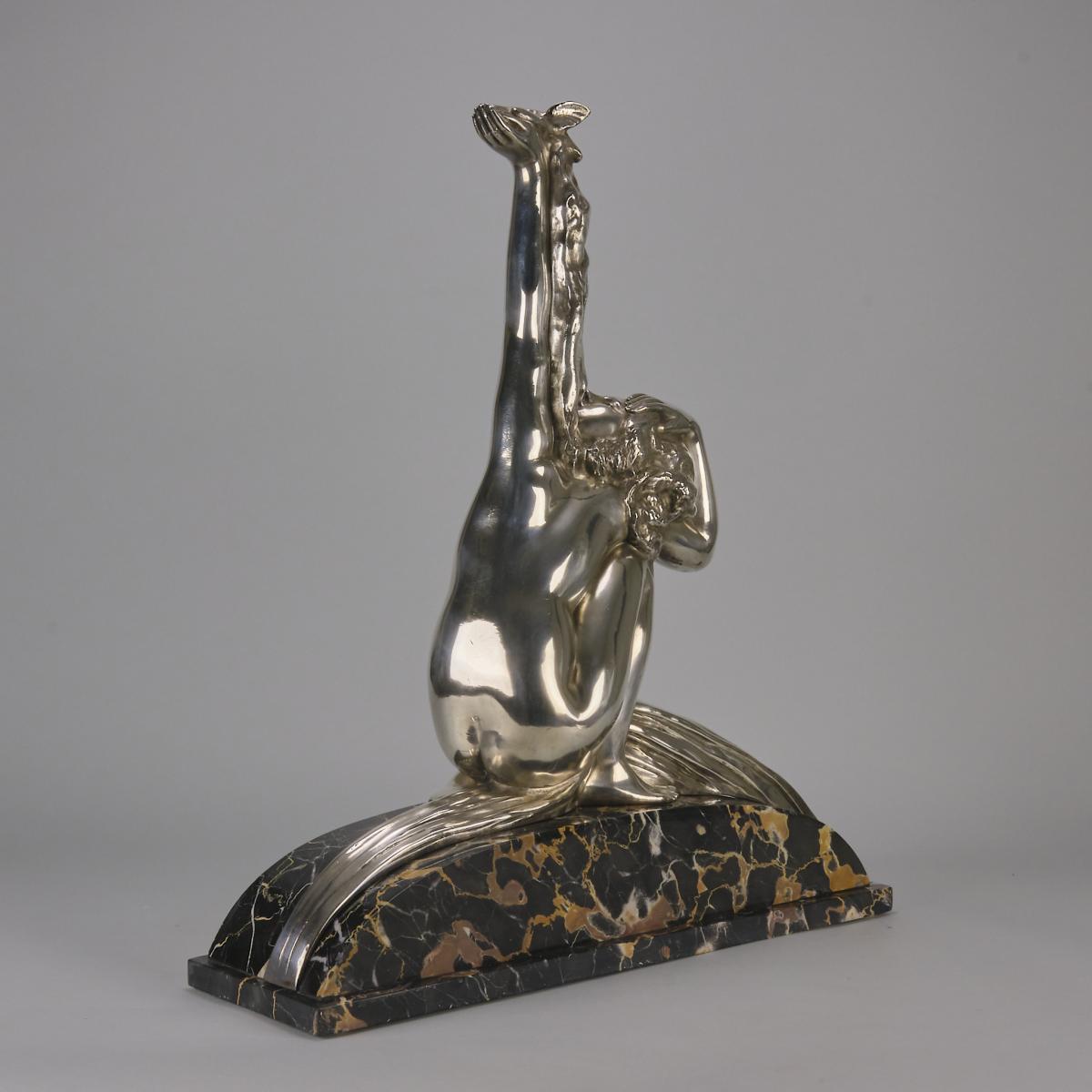 Early 20th Century Italian Silvered Bronze Sculpture entitled "Woman with Dove" by Amadeo Gennarelli