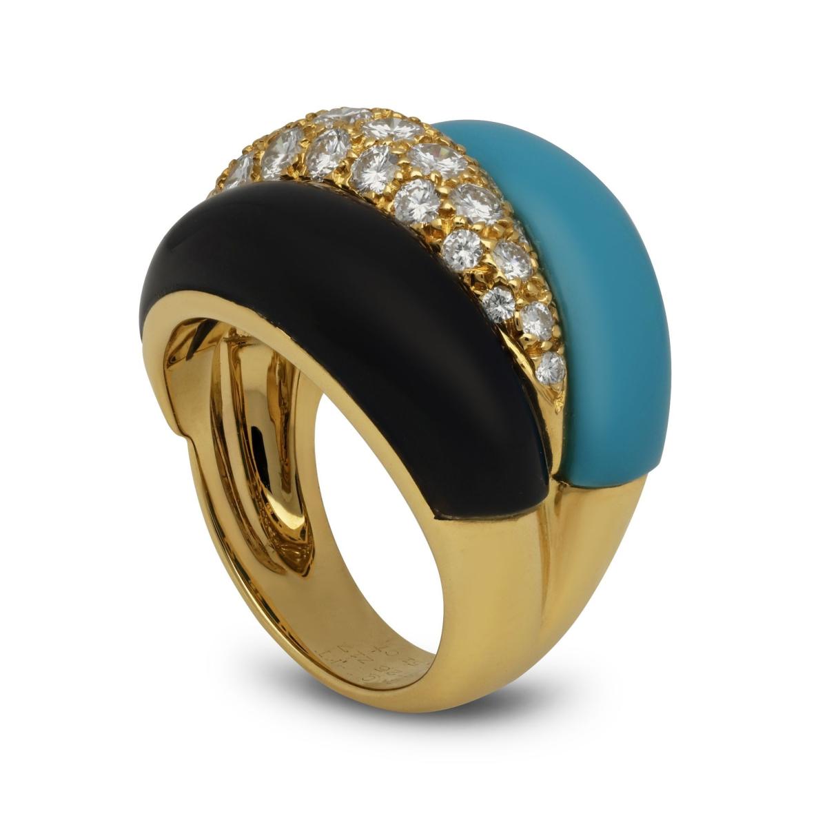 Van Cleef & Arpels Vintage Diamond, Turquoise And Onyx Dress Ring Circa 1990s