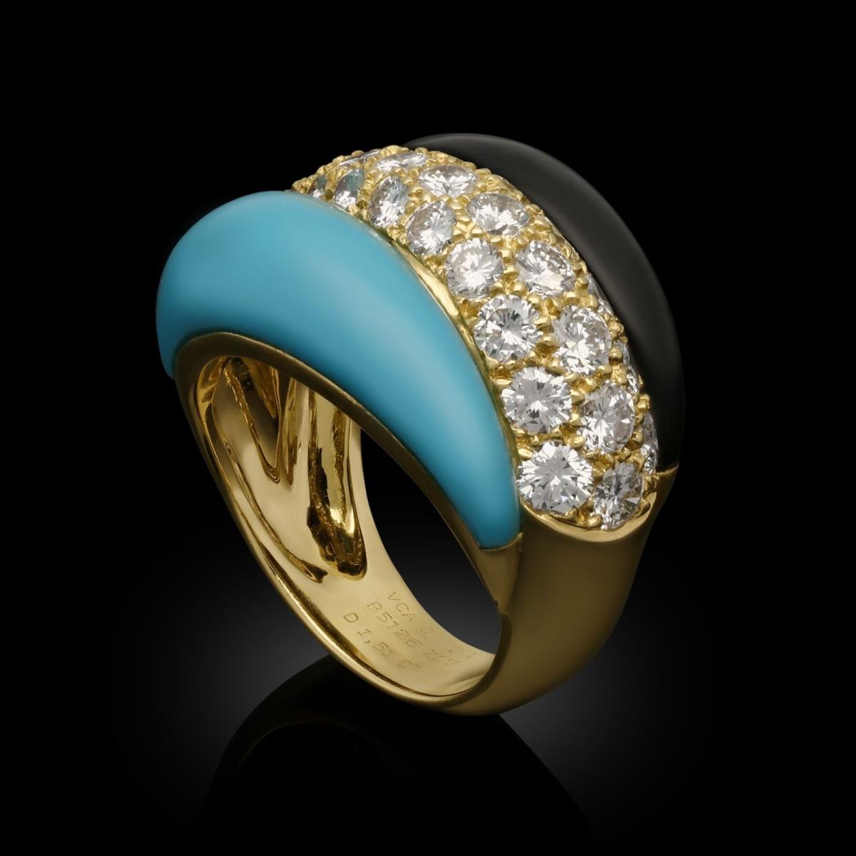 Van Cleef & Arpels Vintage Diamond, Turquoise And Onyx Dress Ring Circa 1990s