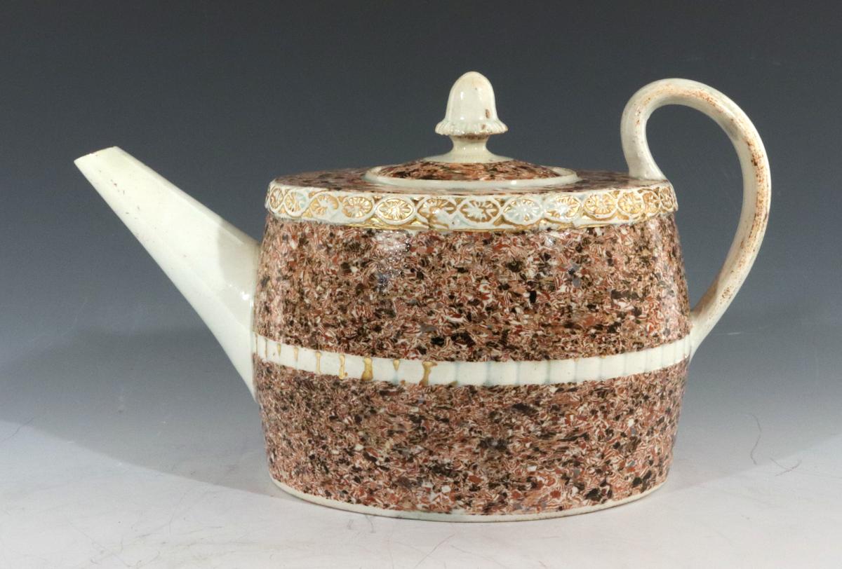 Staffordshire Pearlware Teapot and Cover with Inlaid Agate Surface and Acorn Finial, Attributed to the Ralph Wedgwood, Circa 1795.