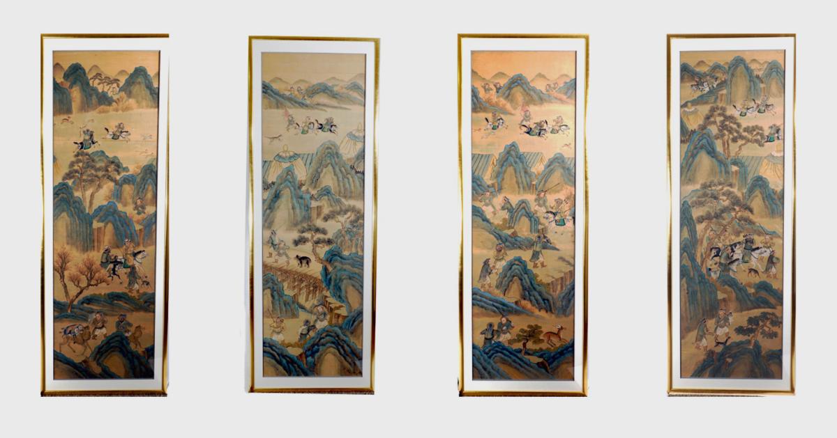 Chinese Large Ink Paintings on Silk with Huntsmen, Mid-19th Century