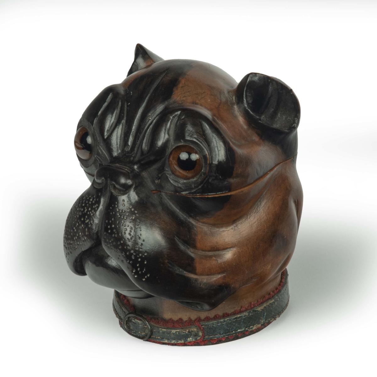 19th century novelty boxwood dog’s head inkwell