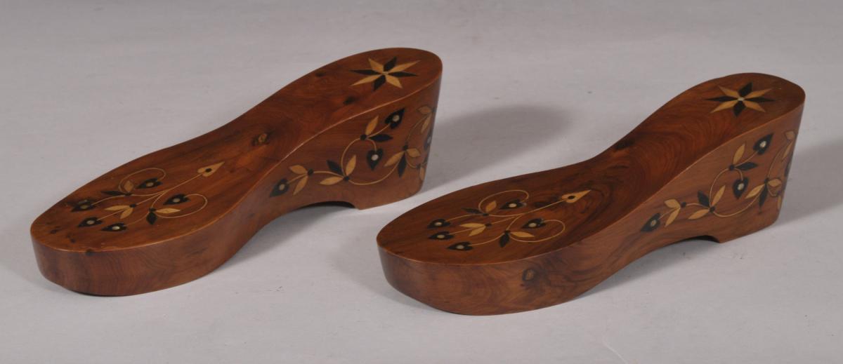 S/5604 Antique Early 20th Century Pair of French Inlaid Yew Wood Shoe Trees