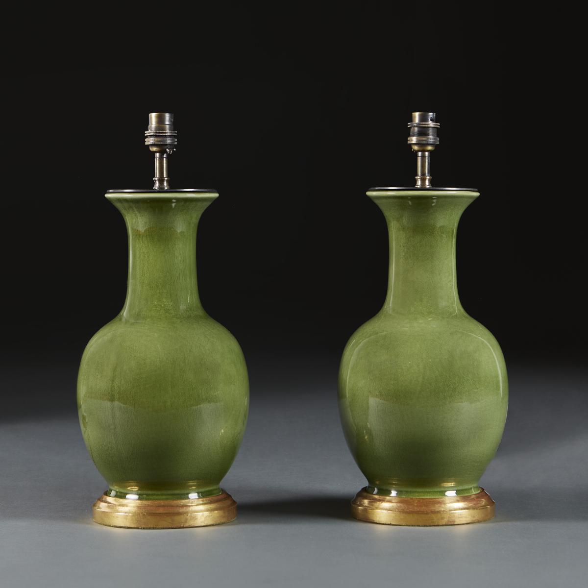 A Pair of Dark Celadon Glaze Lamps