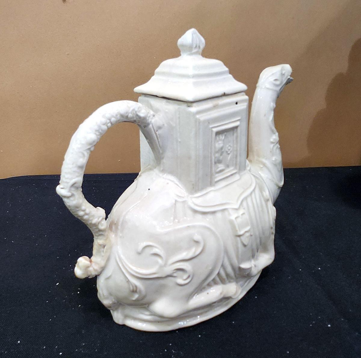 English White Salt-glazed Stoneware Camel Teapot, Circa 1745-60