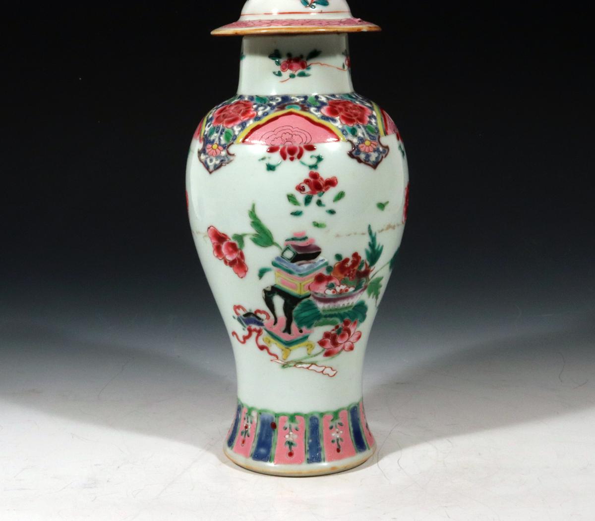 Chinese Export Five Piece Famille Rose Porcelain Garniture, Circa 1730-50