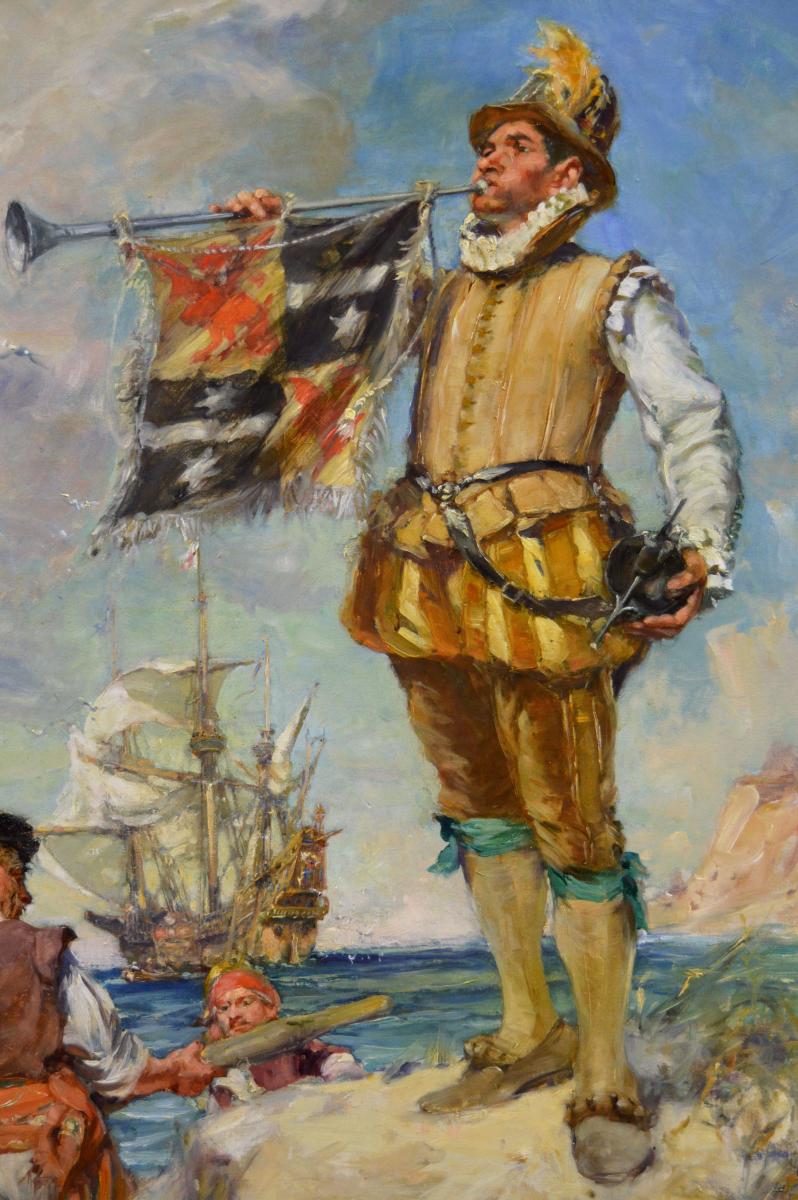 Historical genre oil painting of a royal messenger near a ship by Arthur David Mccormick