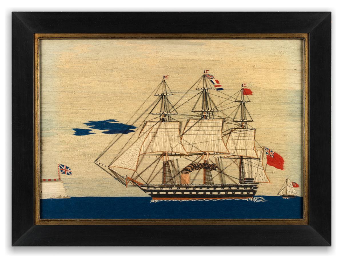 Depicting a Three Masted Ship of the Line  Steaming Towards a Fortified Headland Embroidered Coloured Wools and Thread  English, c.1870