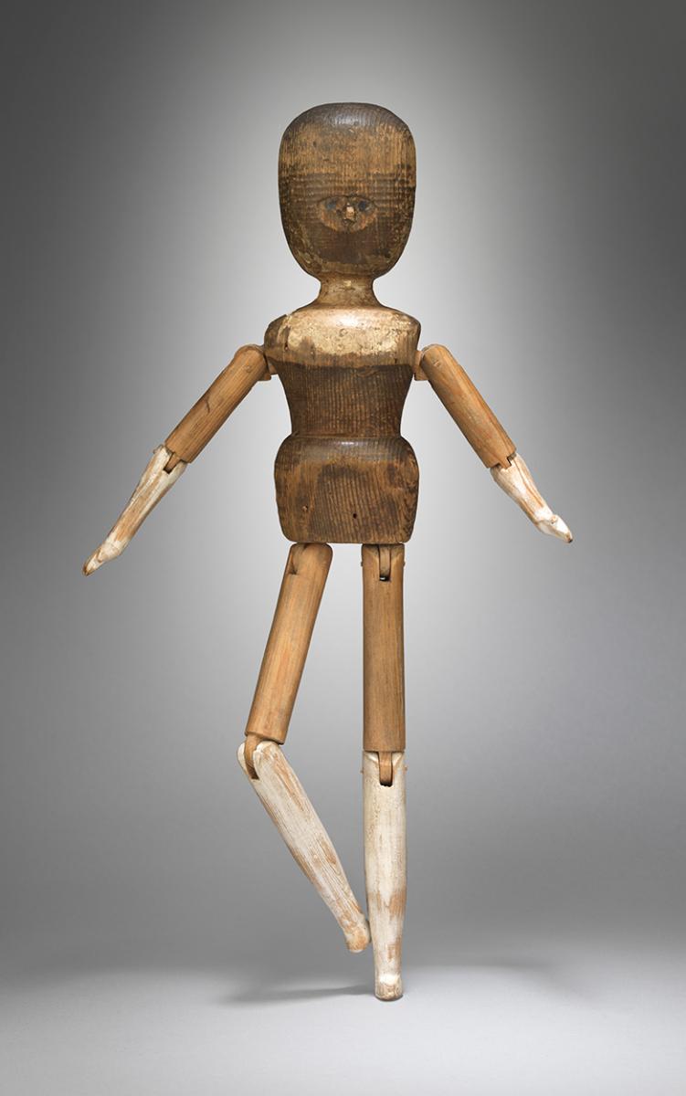 Unusual Folk Art “Bed Post” Doll With Primitive Facial Features and Articulated Limbs Turned and Carved Wood with Historic Painted Details  Northern European, c.1880