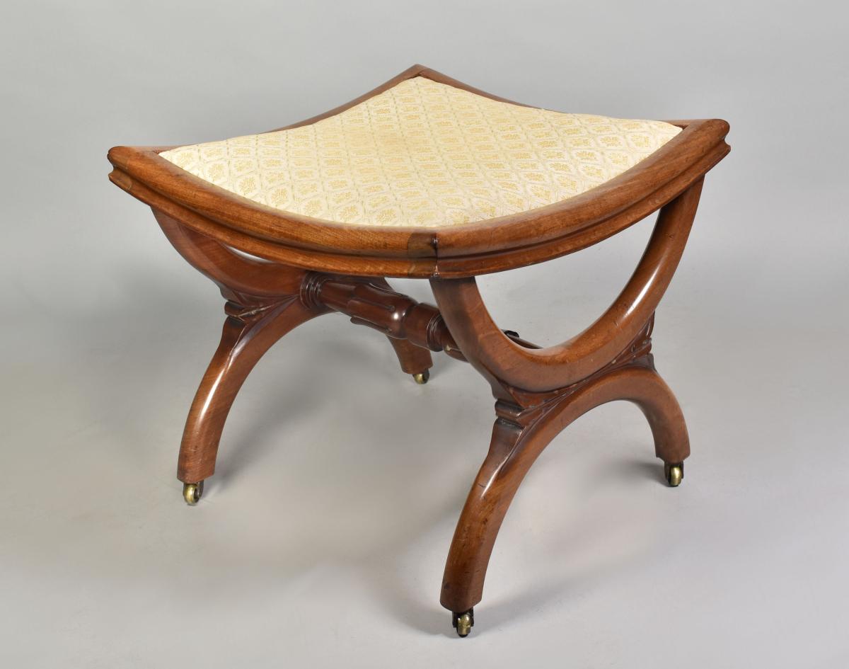 Pair of George IV X-framed mahogany stools with dished seats, c.1820