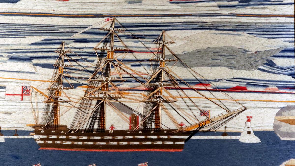 Large Sailor's Woolwork of Royal Navy Second Rate Ship in Bay Circa 1865